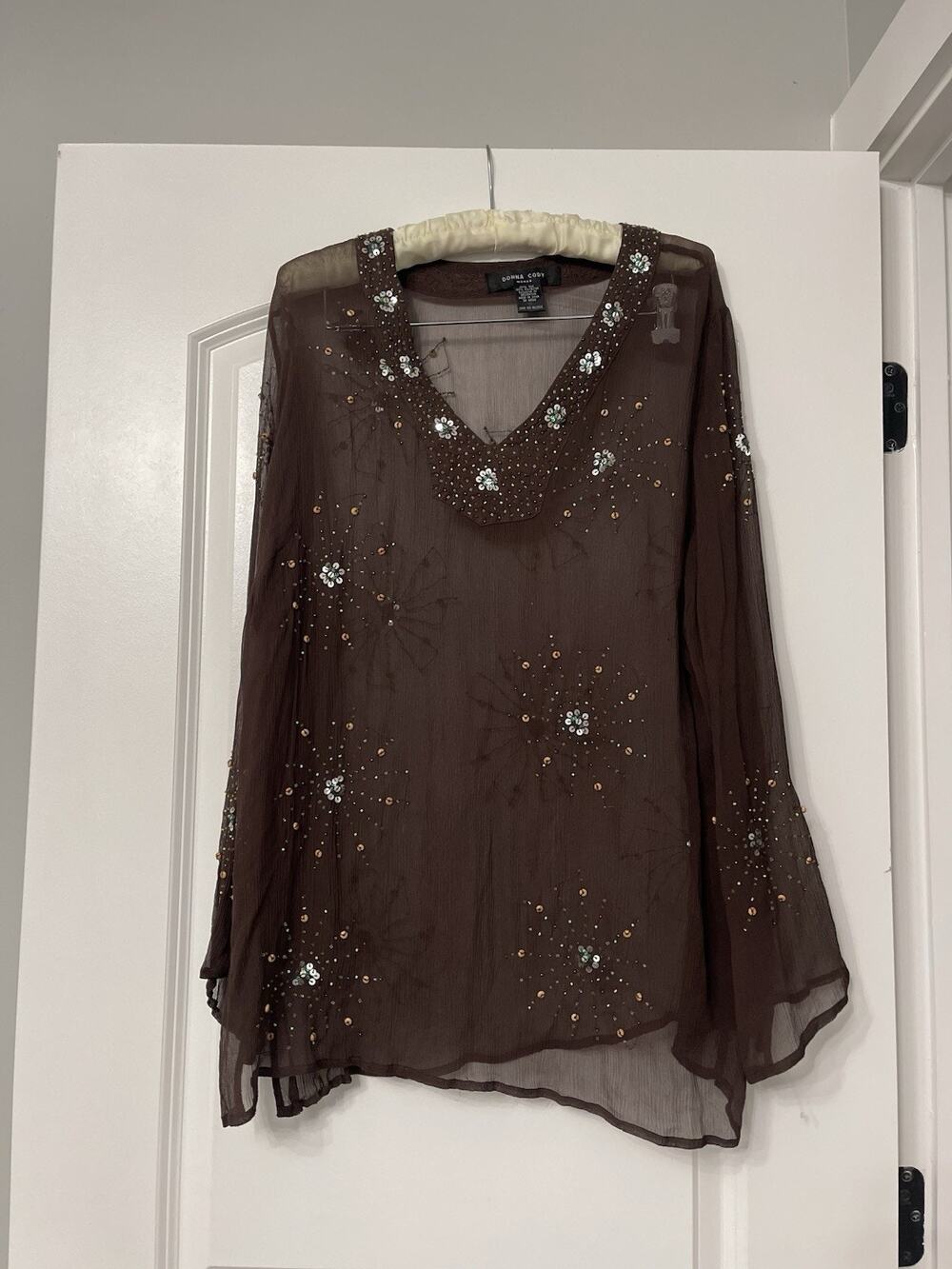 Donna Cody Silk 1X Brown Sheer Sequin Beaded V-Neck Blouse Top Whimsigoth Y2K